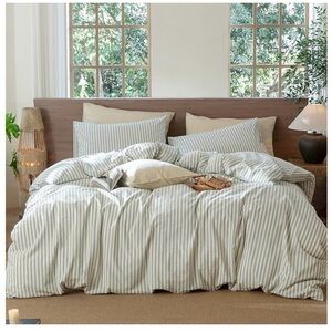 Striped Duvet Cover Set 100% WashedCotton Linen Like Textured SuperQueen 90"x98"